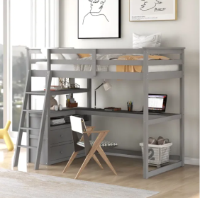 Twin Size Loft Bed with Desk and Shelves