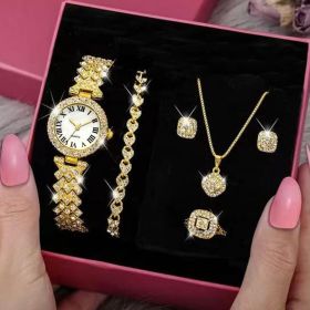 6pcs/set Rhinestone Watch + Jewelry Set Fancy Women Watches Jewelry Sophisticated And Stylish Women Watch