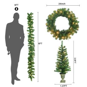 5-piece Christmas set includes: 2pcs-3.5' trees, 1pcs-24" wreath, 2pcs-6" garlands