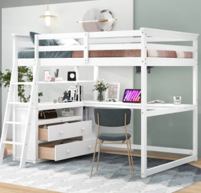 Full Size Loft Bed with Desk and Shelves; Two Built-in Drawers; White